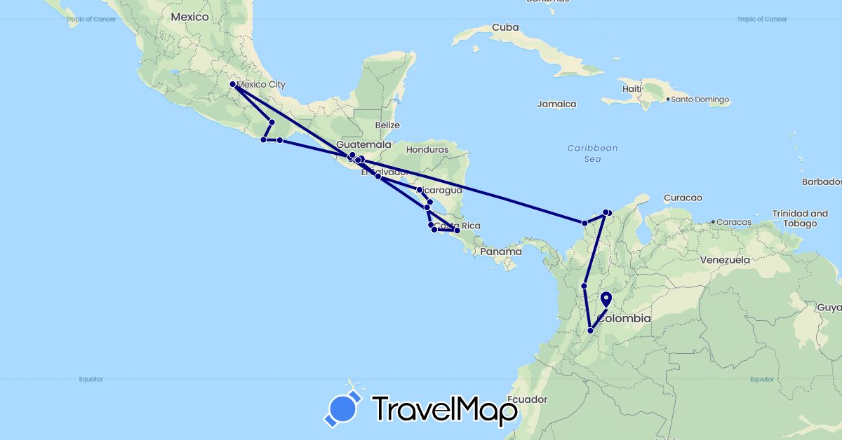 TravelMap itinerary: driving in Colombia, Costa Rica, Guatemala, Mexico, Nicaragua, El Salvador (North America, South America)